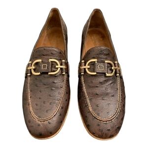 Donald J Pliner luxurious leather 'Ostrich' brown loafers w gold accents. EUC